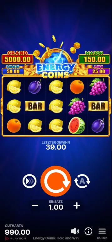 Auszahlungstabelle mit regulären Symbolen und Wild im Energy Coins Slot