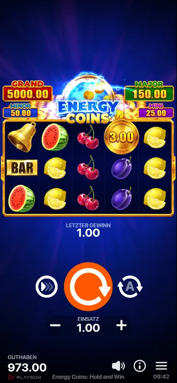 Basisspiel mit vollem 5x3 Raster und sichtbaren Energy Coins Symbolen sowie Wild 7