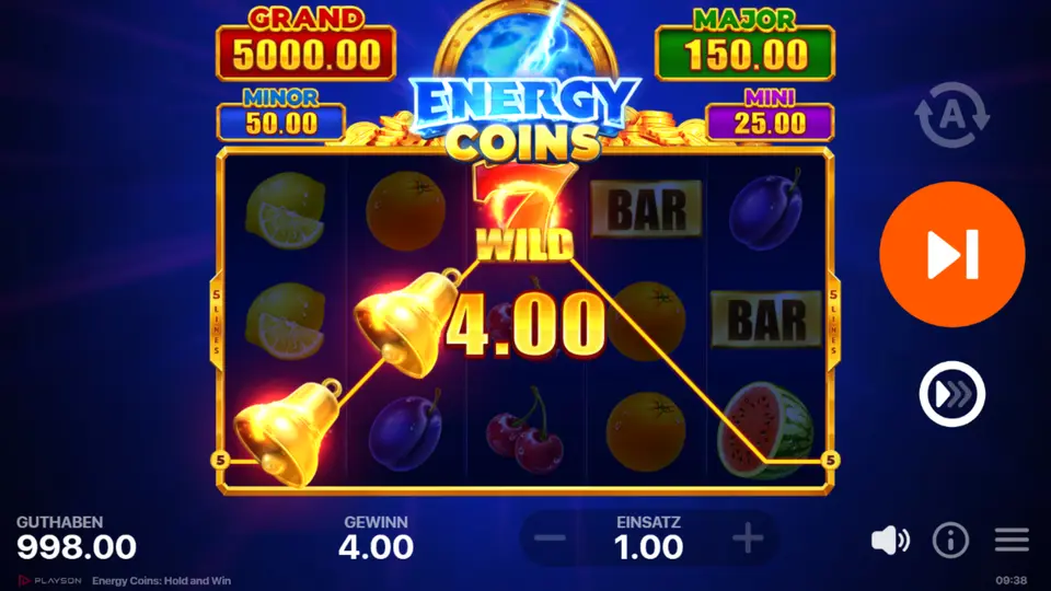 Energy Coins: Hold and Win Grundspiel mit 5x3 Raster und Bonus-Symbolen