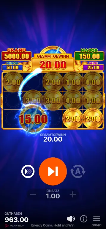 Energy-Bonus-Symbol sammelt mehrere Münzwerte inklusive Jackpot-Symbol ein