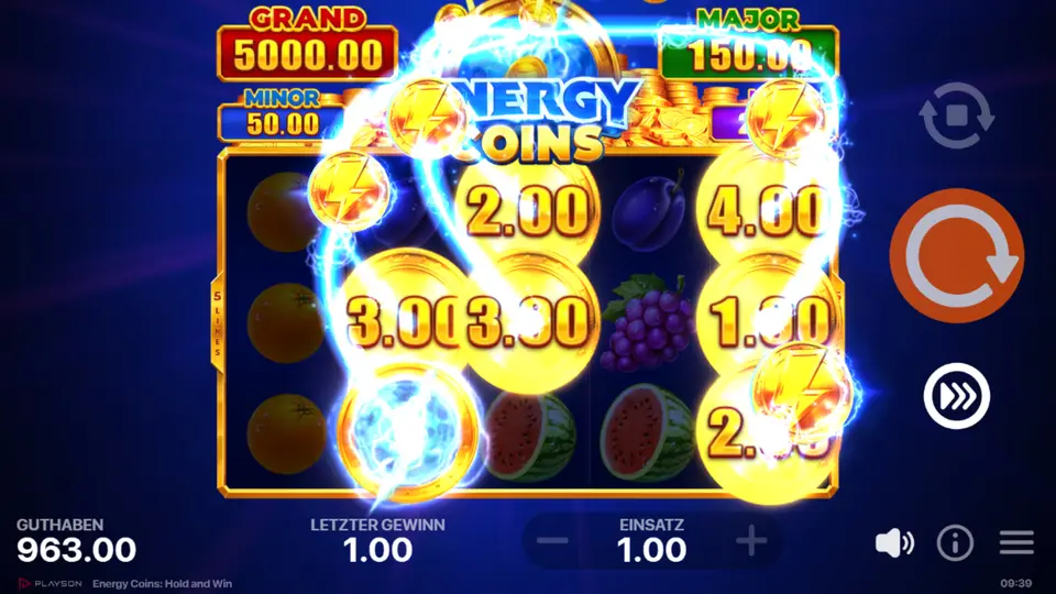 Energy Bonus Symbol sammelt Münzwerte und Jackpot-Werte im Energy Coins Slot