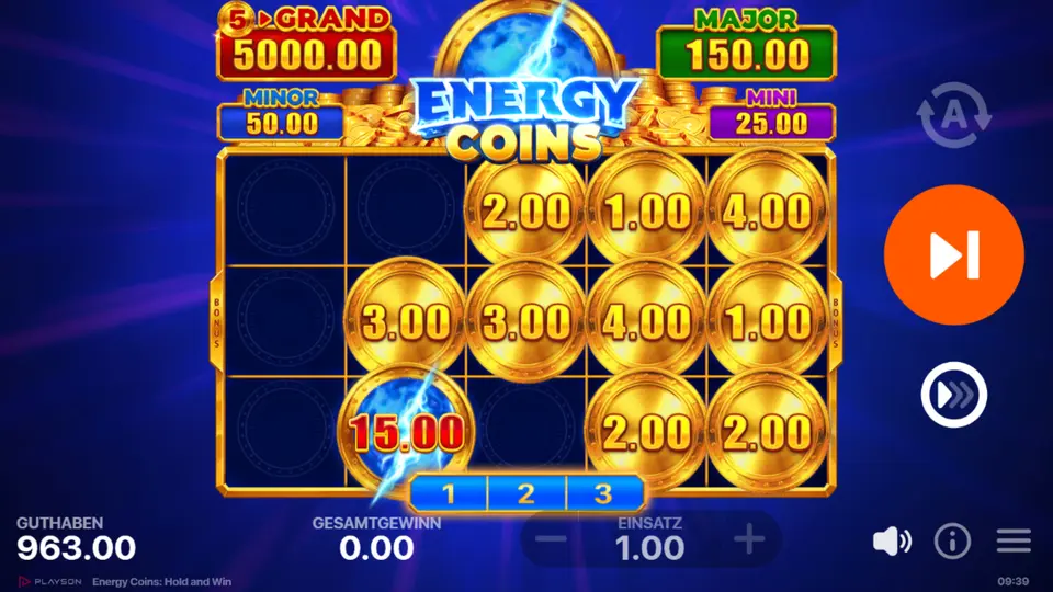 Vollständig gefülltes Raster mit Grand Jackpot x5000 Anzeige im Energy Coins Slot
